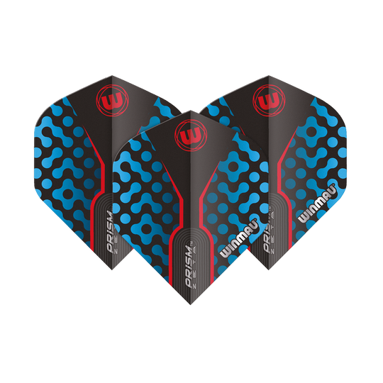 Das Bild zeigt die Winmau Prism Zeta BlueRed Standard Flights. Die Flights sind schwarz mit blauen und roten Akzenten sowie dem Winmau-Logo.
