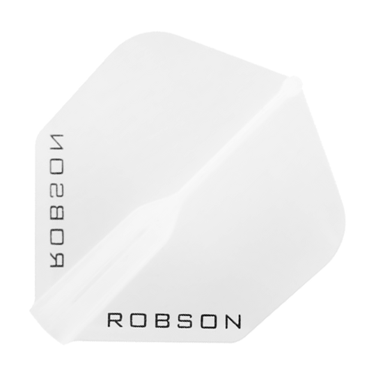 Voli Robson Plus - Standard Das Bild zeigt einen klaren, sechseckigen Dartflight mit dem Schriftzug "ROBSON" in schwarzer Farbe. Das Design ist schlicht und durchsichtig gehalten.