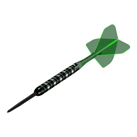 Freccette Mission Moldavite Steel - 23 g Mission Moldavite Steeldarts - 23g wird aus einer anderen Perspektive gezeigt. Die Darts zeichnen sich durch ein grünes Designelement aus.