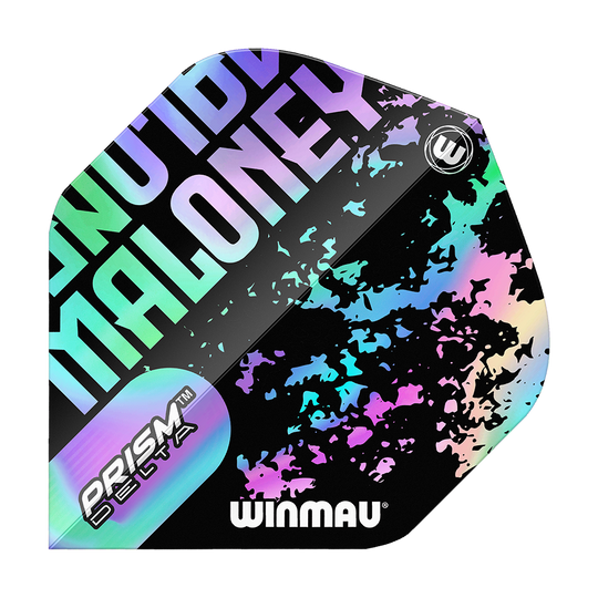 Voli standard Winmau Prism Delta Mike Maloney Das Bild zeigt ein Winmau Prism Delta Mike Maloney Standard Flight für Darts. Das Flight hat ein auffälliges, buntes Design mit dem Namen "Maloney" und dem Winmau-Logo.