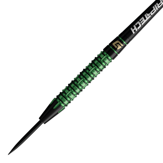 Freccette in acciaio al tungsteno verde GOAT Athlete Zu sehen sind die GOAT Athlete Green Tungsten Steeldarts. Das Foto präsentiert die Darts aus einer anderen Perspektive.