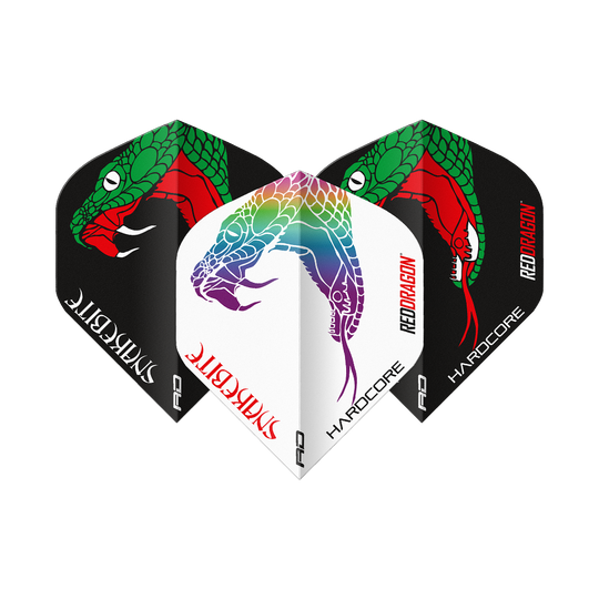 Voli standard Red Dragon Peter Wright Snakebite Black White Yin Yang Das Bild zeigt drei Dart-Flights der Marke "Red Dragon Peter Wright Snakebite Black White Yin Yang Standard Flights". Die Flights sind in Schwarz und Weiß gestaltet und mit farbigen Schlangenmotiven verziert.