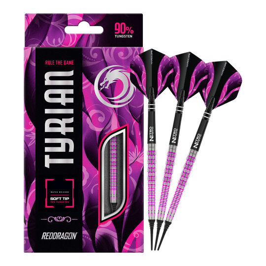 Freccette morbide Red Dragon Tyrian - 22 g Das Bild zeigt die Red Dragon Tyrian Softdarts - 22g mit einem auffälligen pink-schwarzen Design. Die Darts bestehen zu 90% aus Tungsten und werden in einer passenden Verpackung präsentiert.