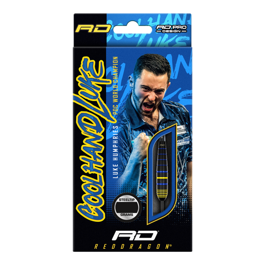 Red Dragon Luke Humphries, campione del mondo di freccette in ottone e acciaio Auf der Verpackung sind die "Red Dragon Luke Humphries World Champion Brass Steeldarts" abgebildet. Im Hintergrund ist ein jubelnder Spieler zu sehen, daneben ist ein Dartpfeil durch ein Sichtfenster sichtbar.