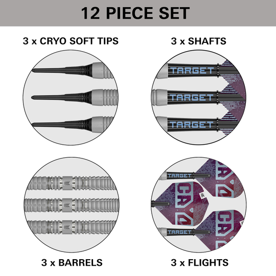 Target Cryo 12 freccette morbide Dieses Bild stellt die Target Cryo 12 Softdarts dar. Diese Softdarts bieten optimale Kontrolle für ambitionierte Spieler.
