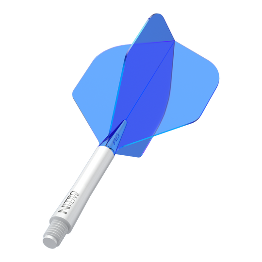 Auf dem Bild ist ein blauer Dart-Flügel mit weißem Schaft zu sehen. Auf dem Schaft steht der Schriftzug "NITRO FLITE".