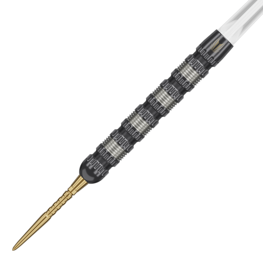 Freccette Target Rob Cross 95K Swiss Point Steel Das Bild zeigt einen Target Rob Cross 95K Swiss Point Steeldart. Der Dart hat eine strukturierte, silber-schwarze Oberfläche und eine goldene Spitze.