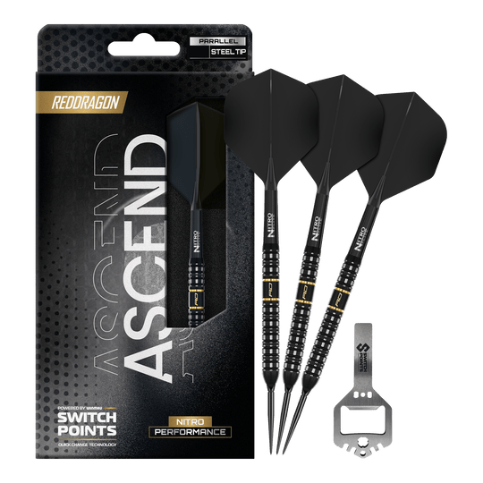 Dardi d'acciaio Red Dragon Ascend Parallel Switch Point Das Bild präsentiert die Red Dragon Ascend Parallel Switch Point Steeldarts in voller Länge. Die Details des kompletten Darts sind gut erkennbar.