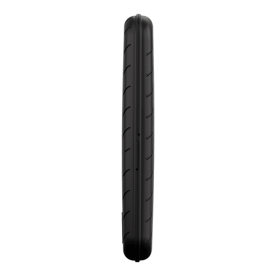 Custodia per freccette Harrows Slimcase Das Bild zeigt eine schwarze, schlanke Darttasche von der Seite. Die Oberfläche ist glatt mit leichten Rillen.