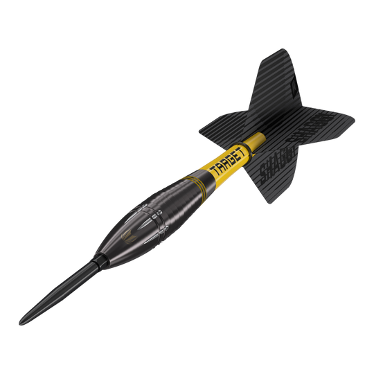 Freccette in acciaio Target Scott Williams Shaggy Black Swiss Point Das Bild zeigt den Target Scott Williams Shaggy Black Swiss Point Steeldart. Der Dart hat ein schwarzes Design mit gelben Akzenten und einer schwarzen Flights.