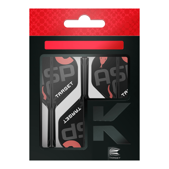 Sistema di alberi di volo standard Target K-Flex Nathan Aspinall No2 Auf dem Bild ist eine Verpackung mit Dart-Flights und Schäften der Marke Target zu sehen. Die Verpackung ist überwiegend schwarz mit roten und weißen Akzenten gestaltet.