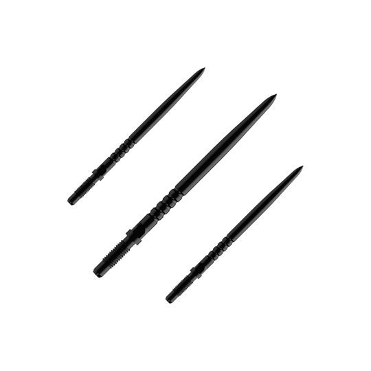 Das Bild zeigt eine Verpackung mit mehreren Dartspitzen. Es sind BullsNL Convertible Points mit Ringed Grip in Schwarz, 32mm im 1er Set abgebildet.