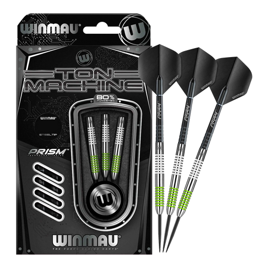 Freccette in acciaio Winmau Ton Machine Das Bild zeigt das Set der Winmau Ton Machine Steeldarts in voller Ansicht. Diese Steeldarts sind ideal für Dartliebhaber.