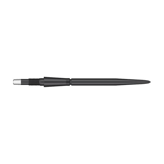 Punte per freccette Target Swiss Storm Point - Nere Das Bild zeigt eine schwarze Dartspitze mit einem geriffelten Griffbereich. Die Spitze ist lang und schmal, ideal für den Einsatz bei Dartpfeilen.