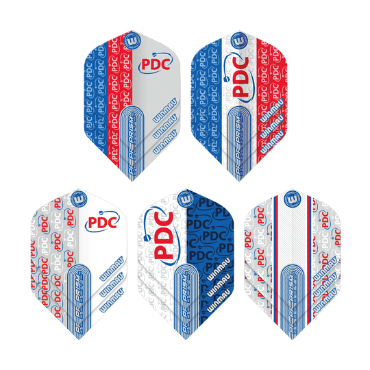 Collezione di voli Winmau PDC Prism Das Bild zeigt die "Winmau PDC Prism Flight Collection" mit fünf unterschiedlichen Dart-Flights. Die Flights sind in den Farben Blau, Rot und Weiß gehalten und mit den Logos "PDC" und "Winmau" bedruckt.
