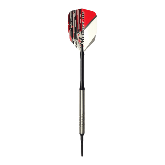 Freccette morbide McDart 85 Tungsten V14 - 17 g Das Bild zeigt einen McDart 85er Tungsten V14 Softdart mit einem Gewicht von 17 Gramm. Der Dart hat eine silberne Spitze, einen schwarzen Schaft und eine rot-weiße Flights.