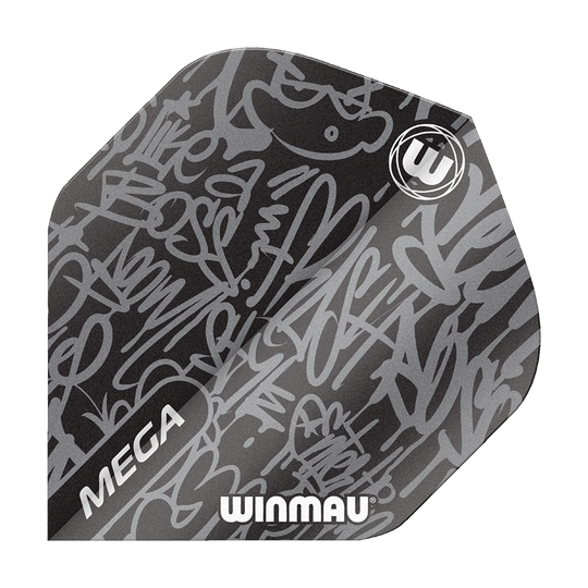 6900-244_Winmau_Mega_Black_Standard_Flights_1 Das Bild zeigt das Produkt "Winmau Mega Black Standard Flights". Die Flight-Fläche ist schwarz mit silbernen, grafischen Mustern und trägt die Aufschriften "MEGA" und "WINMAU".