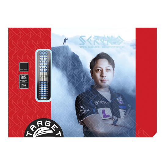 Target Japan Toru Suzuki Sereno GEN2 Freccette morbide - 20 g Die Verpackung zeigt das Produkt "Target Japan Toru Suzuki Sereno GEN2 Softdarts - 20g". Auf der Vorderseite ist ein Bild von Toru Suzuki sowie die Darts und Produktinformationen abgebildet.