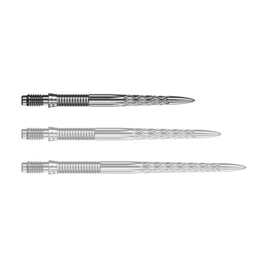 Punte per freccette Mission R2.5 Rapid Point DSX - Argento Abgebildet ist eine einzelne Mission R25 Rapid Point DSX Dartspitze in Silber mit 30mm Länge. Sie wird häufig für Präzision und Haltbarkeit beim Dartspielen verwendet.