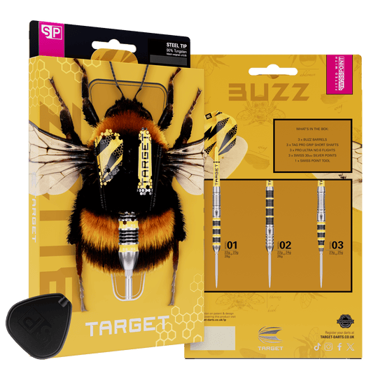 Hier sind die Target Buzz 03 Swiss Points Steeldarts abgebildet. Die Steeldarts überzeugen mit hoher Qualität.
