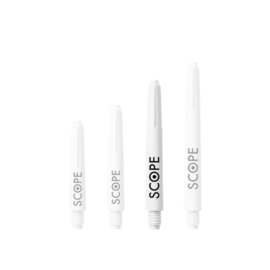 Das Bild zeigt vier weiße McDart Scope Nylon Shafts in unterschiedlichen Längen. Auf jedem Shaft steht das Wort "SCOPE" in schwarzer Schrift.