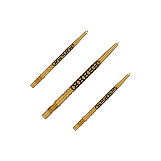 Punte per freccette Shot Turbo Point Goths - Oro Das Bild zeigt ein Set goldfarbener Dartspitzen in kurzer Ausführung. Sie eignen sich für verschiedene Dartpfeile.