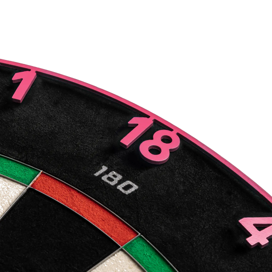 Bersaglio per freccette in acciaio Precise 180 Endorphine con anello numerato - Cyber Pink Gezeigt wird das Precise 180 Endorphine Steeldartboard mit Nummernring in Cyber Pink. Das Dartboard ist ideal für Turniere oder den Heimgebrauch.