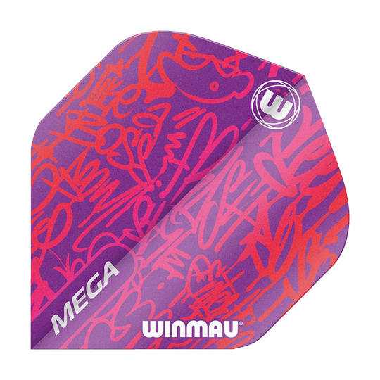 6900-242_Winmau_Mega_Red_Standard_Flights_1 Das Bild zeigt ein Dartflight mit dem Namen "Winmau Mega Red Standard Flights". Das Flight ist überwiegend lila mit roten Graffiti-Mustern und den weißen Aufschriften "MEGA" und "WINMAU".