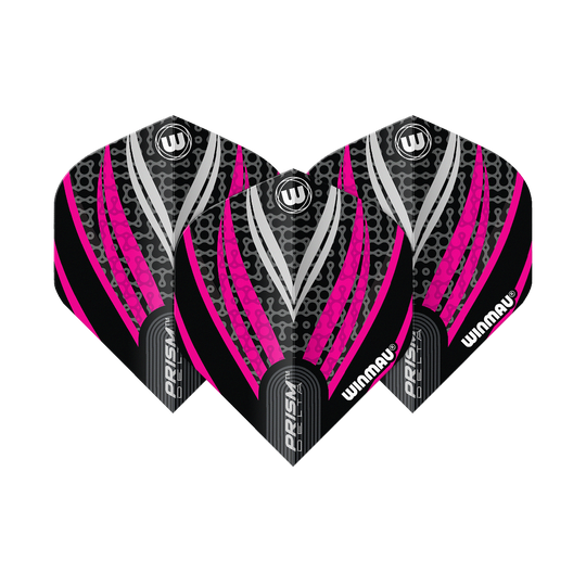 Voli standard Winmau Prism Delta Nero Bianco Rosa n. 2 Das Bild zeigt drei Dart-Flights des Modells "Winmau Prism Delta Schwarz Weiß Pink No2 Standard". Die Flights haben ein auffälliges Design in Schwarz, Pink und Weiß mit dem Winmau-Logo.