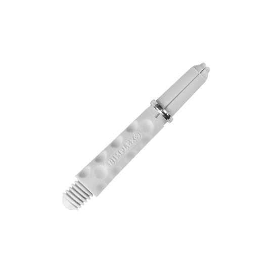 HR323_Harrows_Dimplex_Shafts_Weiss_34mm_2 Das Bild zeigt einen weißen Dart-Schaft mit einer genoppten Oberfläche. Auf dem Schaft steht das Wort "DIMPLEX".