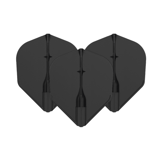 Voli L-L-Style3EZ Auf dem Bild sind drei schwarze Dartflights zu sehen. Sie sind in einer Reihe angeordnet und haben eine klassische Form.