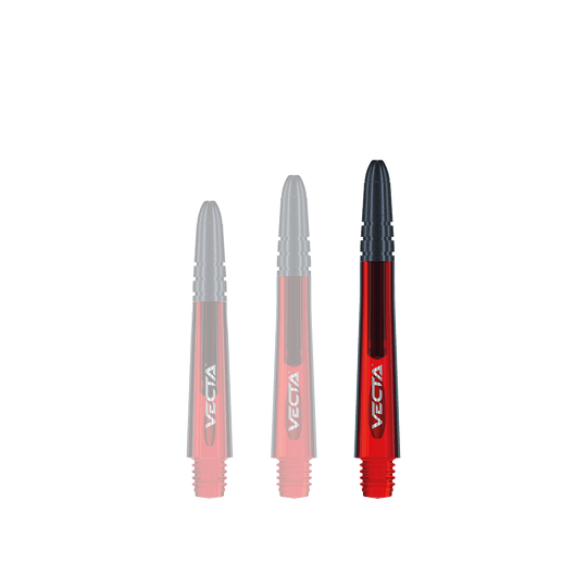 Das Bild zeigt drei rote Winmau Vecta Shafts für Dartpfeile. Sie haben schwarze Spitzen und das Wort "Vecta" ist auf jedem Schaft zu sehen.
