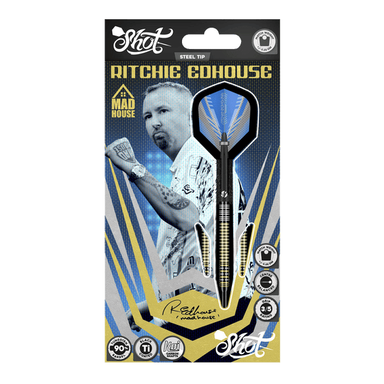 Shot Ritchie Edhouse Madhouse freccette d'acciaio Abgebildet sind die Shot Ritchie Edhouse Madhouse Steeldarts. Sie zeigen das markante Design und die hochwertige Verarbeitung der Darts.