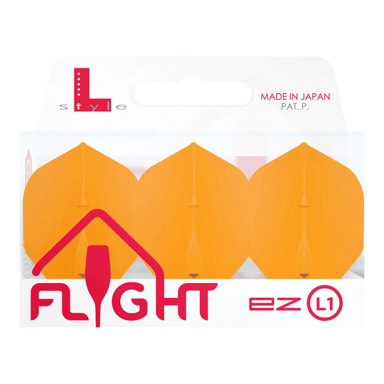Voli standard L-Style Champagne L1EZ Das Bild zeigt eine Packung „L-Style Champagne L1EZ Standard Flights“ in Orange. Die Verpackung ist durchsichtig und trägt die Aufschrift „Flight ez L1“.