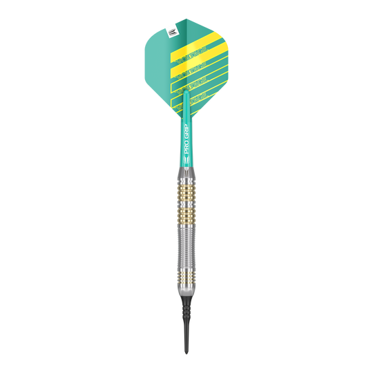 Freccette morbide Target Rob Cross in ottone - 18 g Das Bild zeigt einen Softdart der Marke "Target Rob Cross Brass Softdarts - 18g". Der Dart hat eine grün-gelbe Flight und einen silber-goldenen Schaft.