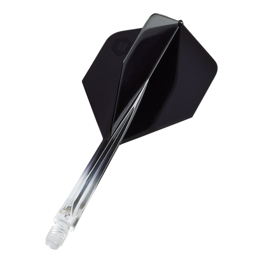 Alette standard Unicorn Forge Two Tone No2 - Nero trasparente Das Bild zeigt die Unicorn Forge Two Tone No2 Standard Flights in Schwarz. Es handelt sich um Flights für Dartpfeile mit klarem und schwarzem Design.