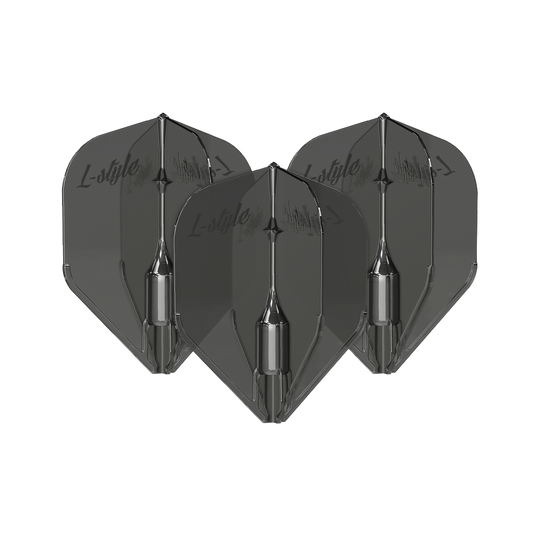Alette L-Style Fantom L3EZ nere trasparenti Das Bild zeigt drei schwarze, transparente Dart-Flights des Modells "L-Style Fantom L3EZ". Auf den Flights ist der Schriftzug "L-style" zu sehen.