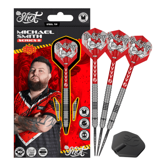 Freccette in acciaio Shot Michael Smith Serie 2 Turbo Point Das Bild zeigt die Shot Michael Smith Series 2 Turbo Point Steeldarts. Es sind hochwertige Steeldarts, die für den professionellen Gebrauch geeignet sind.