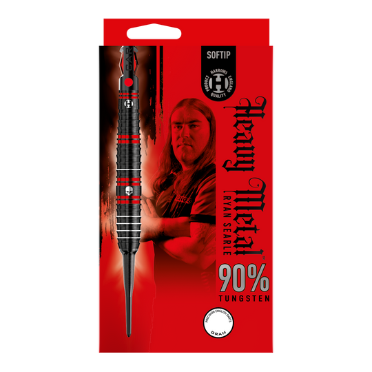 Freccette morbide Heavy Metal di Ryan Searle di Harrow Die Verpackung zeigt die Harrows Ryan Searle Heavy Metal Softdarts mit einem Bild von Ryan Searle. Das Design hebt 90% Tungsten und ein auffälliges rot-schwarzes Farbschema hervor.