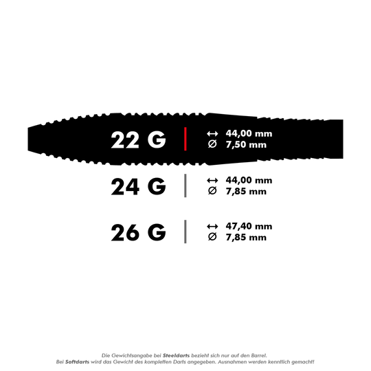 Freccette in acciaio Target Bolide Void 05 Swiss Point Dieses Bild zeigt die technischen Spezifikationen von drei verschiedenen Steeldarts mit 22 g, 24 g und 26 g Gewicht. Die Maße wie Länge und Durchmesser der Barrel werden jeweils angegeben.