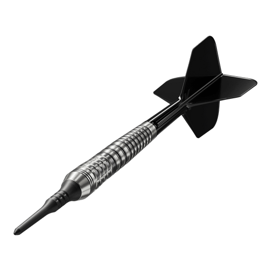 Target Japan Black Marque Renegade 4 Softdarts - 19 g Das Bild zeigt einen Softdartpfeil mit schwarzer Spitze und schwarzen Flights. Es handelt sich um das Modell "Target Japan Black Marque Renegade 4 Softdarts - 19g".