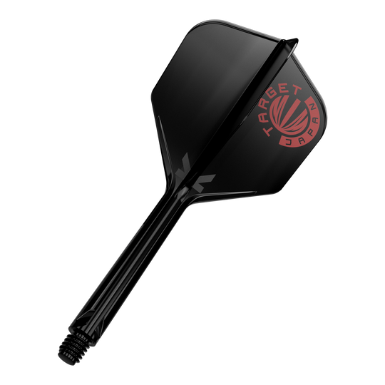 Target Japan K-Flex Logo originale Rosso Nero No6 Flight Shaft System Das Bild zeigt einen schwarzen Dartshaft mit einer schwarzen Dartflügelfeder. Auf der Feder ist ein rotes Logo mit der Aufschrift "TARGET JAPAN" zu sehen.