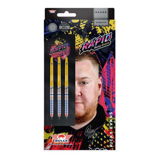Bulls NL Ricky Evans Rapid Edition Uno Steeldarts Die Abbildung zeigt die Verpackung der "Bulls NL Ricky Evans Rapid Edition One Steeldarts". Auf der Packung sind drei gelb-silberne Steeldarts und ein Porträt von Ricky Evans zu sehen.