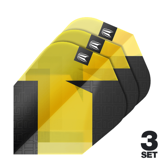 Target Pro Ultra TAG Yellow Ten-X Standard Flights - 3 set Das Bild zeigt drei Sets der Target Pro Ultra TAG Gelb Ten-X Standard Flights. Die Flights sind in Gelb und Schwarz gestaltet und eignen sich für Dartpfeile.