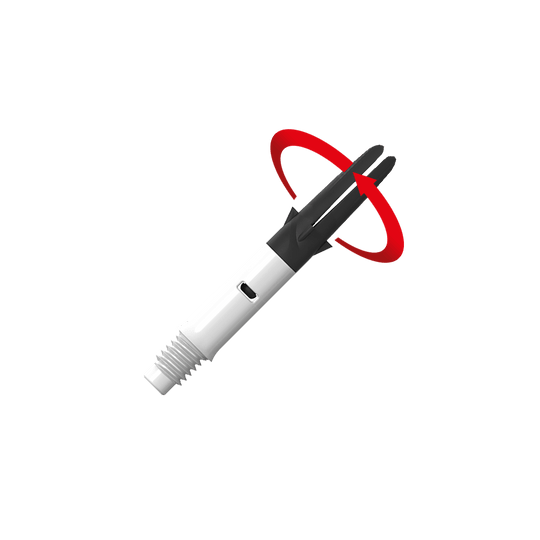 L-L-Style-Shaft Carbon Silent Straight - Bianco Das Bild zeigt einen weißen und schwarzen Dart-Schaft mit einem Gewinde am unteren Ende. Ein roter Pfeil deutet auf eine Drehbewegung des oberen Teils hin.