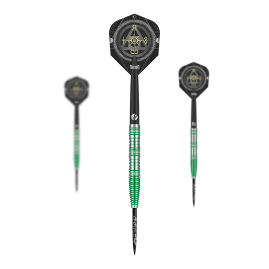 Abgebildet ist ein Set Shot Alchemy Mythril Steeldarts. Dies sind hochwertige Steeldarts für den professionellen Einsatz.