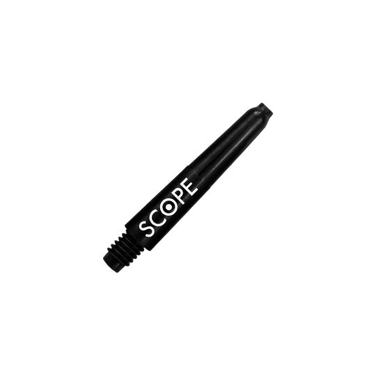 520_McDart_Scope_Nylon_Shafts_Schwarz_28mm_2 Das Bild zeigt einen schwarzen Nylon Dart-Schaft mit der Aufschrift „SCOPE“. Es handelt sich um das Produkt „McDart Scope Nylon Shafts“.
