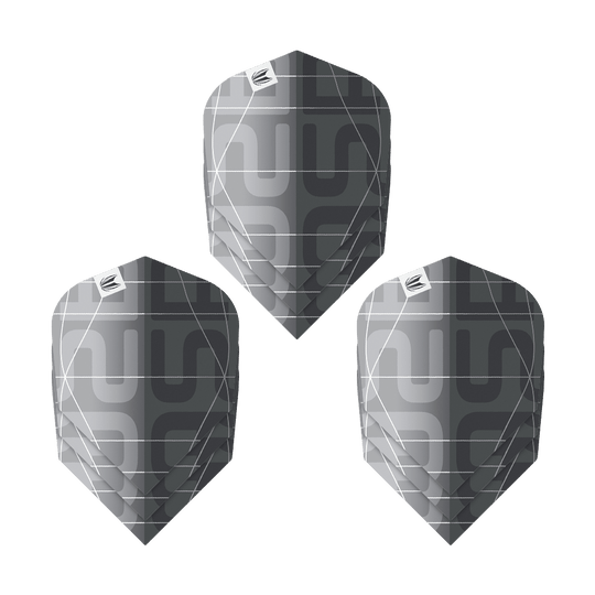Target Pro Ultra Aspinall X Echo No6 Flights - 3 set Das Bild zeigt drei Sätze der Target Pro Ultra Aspinall X Echo No6 Flights. Die Flights sind in einem modernen Schwarz-Grau-Design mit geometrischem Muster gehalten.