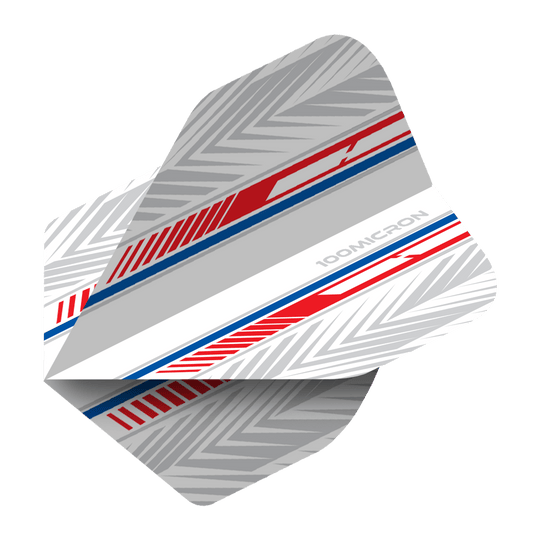 Voli Pentathlon bianchi/rossi/blu Das Bild zeigt ein Pentathlon White Red Blue No2 Standard Flight für Darts. Das Design ist überwiegend grau mit roten und blauen Akzenten sowie einem geometrischen Muster.