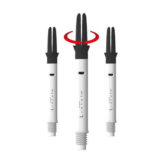L-L-Style-Shaft Carbon Silent Straight - Bianco Auf dem Bild sind drei weiße Dartschäfte der Marke L-Style mit schwarzen Spitzen zu sehen. Über dem mittleren Schaft ist ein roter Pfeil, der auf eine Drehbewegung hinweist.